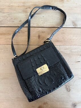 Brahmin Black Croc-Embossed Leather Crossbody with Gold Hardware